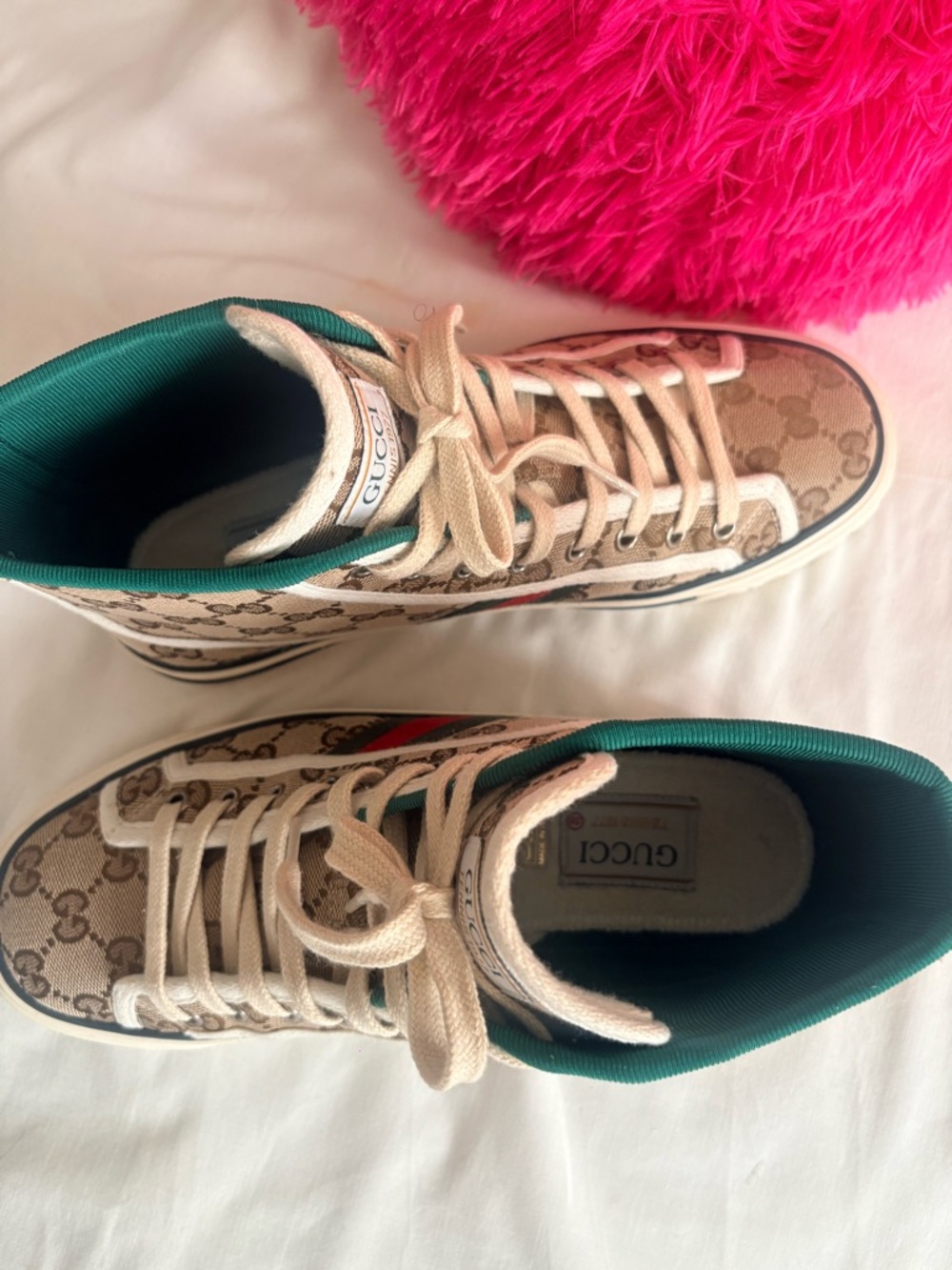 Gucci Women Beige GG Canvas High-Top Sneakers with Green and Red Trim - Picture 2 of 10